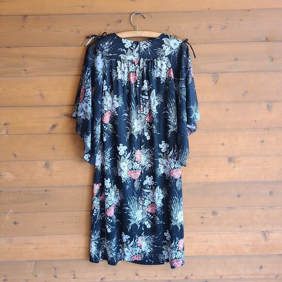 Vintage Black Floral Flare Sleeve Midi Dress Zip Back Bow Shoulder MCM Cottage - Picture 2 of 5